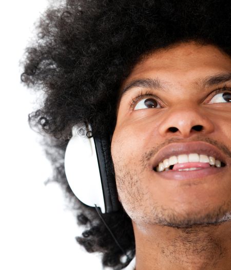 Afro man with headphones - isolated over a white background