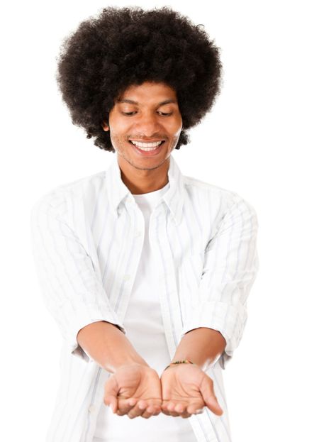 Black man holding something in his hands - isolated over white background