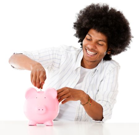 Black man saving in a piggybank - isolated over a white background