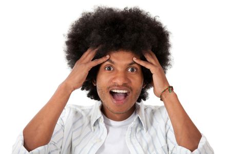 Surprised black man looking happy - isolated over a white background