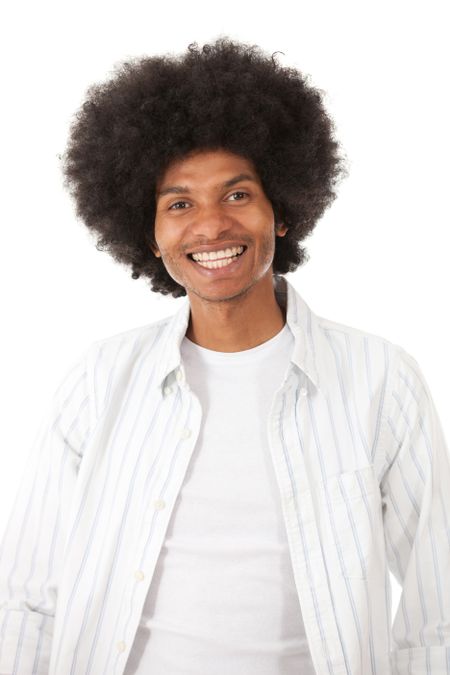 Happy afro man smiling - isolated over a white background