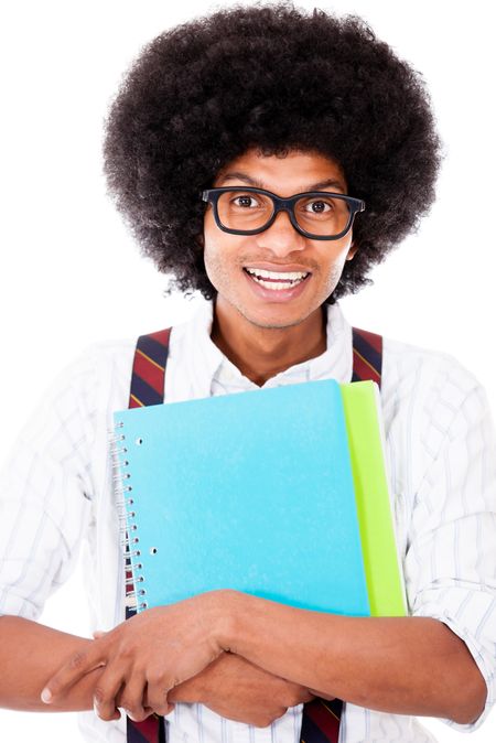 Black nerd student holding notebooks - isolated over a white background
