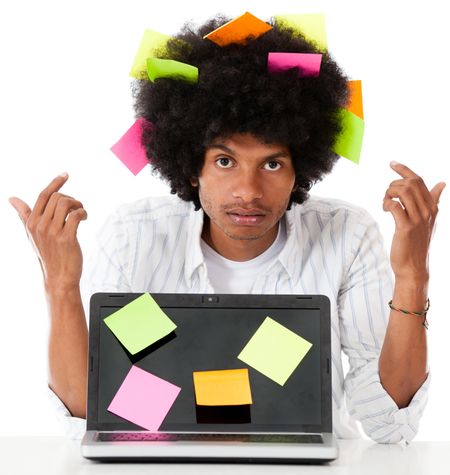 Black man multitasking with post it notes - isolated over a white background