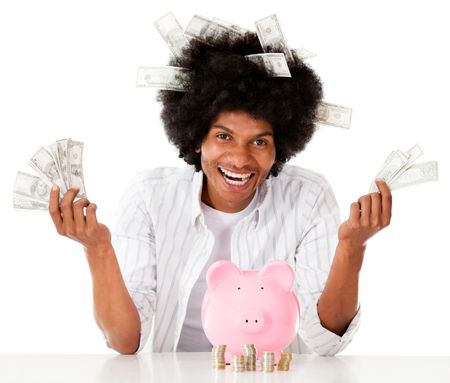 Rich black man with his savings - isolated over a white background