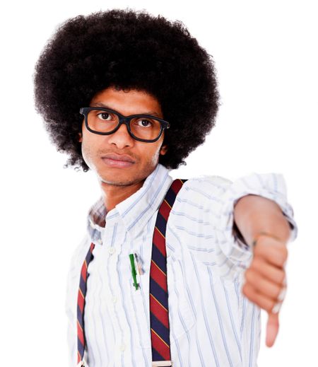 Nerd with thumbs down - isolated over a white background