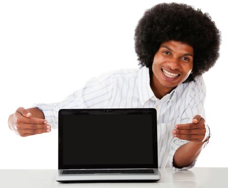 Man showing the screen of a laptop - isolated over white background