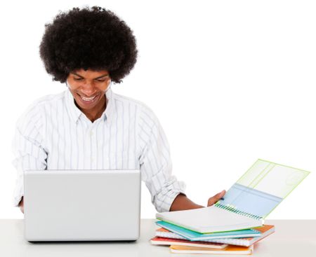 Black man studying online - isolated over a white background