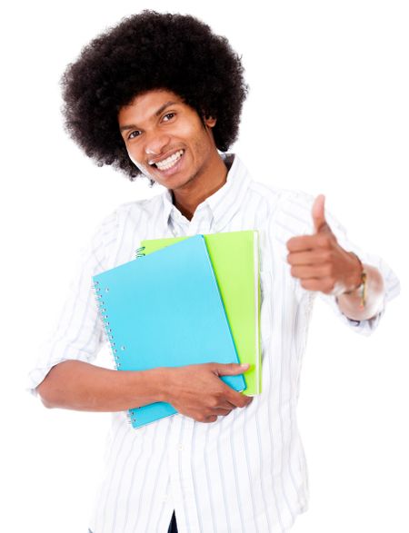 Happy black student with thumbs up - isolated over a white background