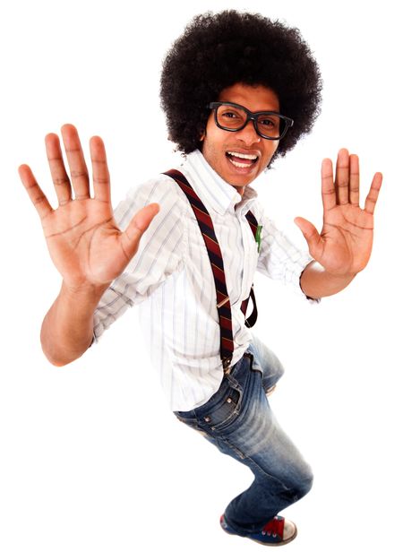 Geeky black man having fun dancing - isolated over a white background