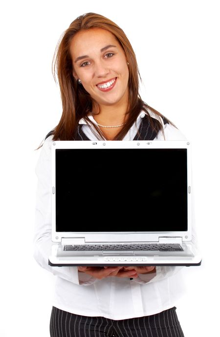 business woman working on a laptop - isolated over a white background