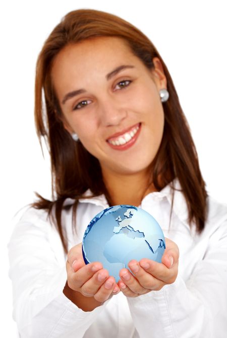 business woman holding a globe map in her hands isolated over a white background