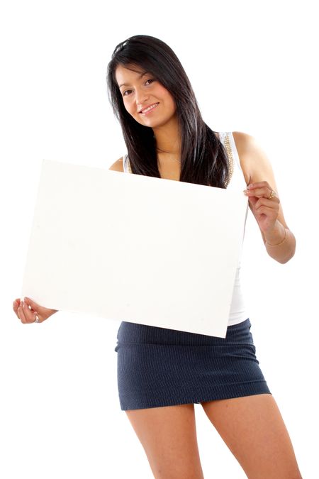 fashion woman holding a banner add or billboard isolated over a white background