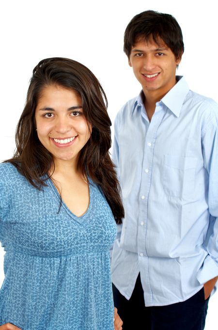 casual couple of young adults smiling isolated over a white background