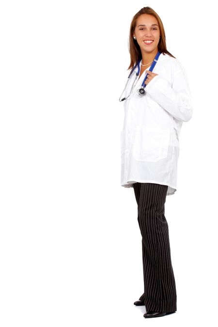female doctor smiling and standing up isolated over a white background