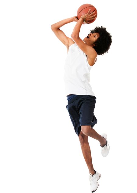 Black basketball player shooting the ball - isolated over a white background