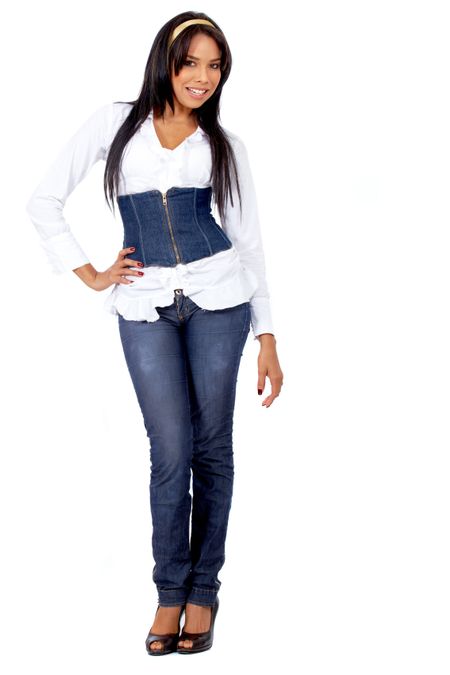 casual woman standing and smiling isolated over a white background