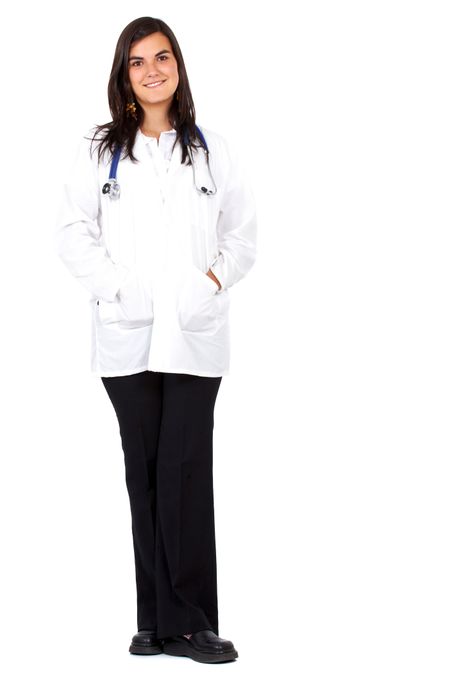 female doctor standing and smiling isolated over a white background