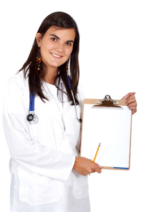 doctor smiling displaying a notepad isolated over a white background