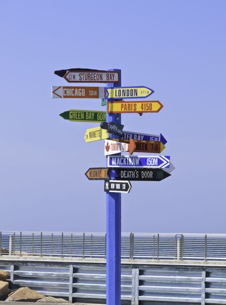 Multidirectional sign for tourists in Egg Harbor, Wisconsin