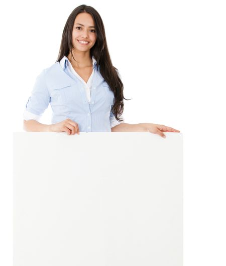 Casual woman holding a banner - isolated over a white background