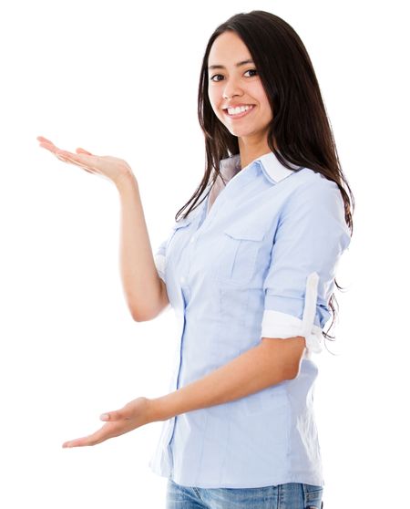 Girl presenting something with her hands - isolated over a white background