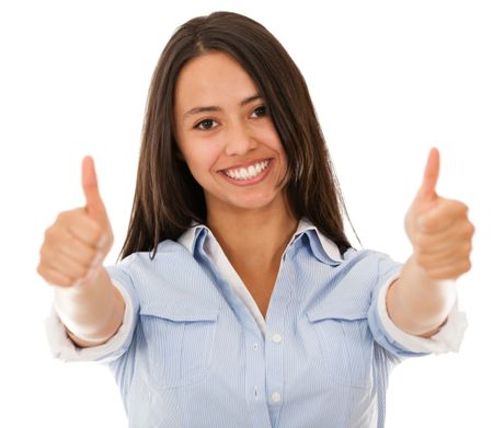 Happy woman with thumbs up - isolated over a white background
