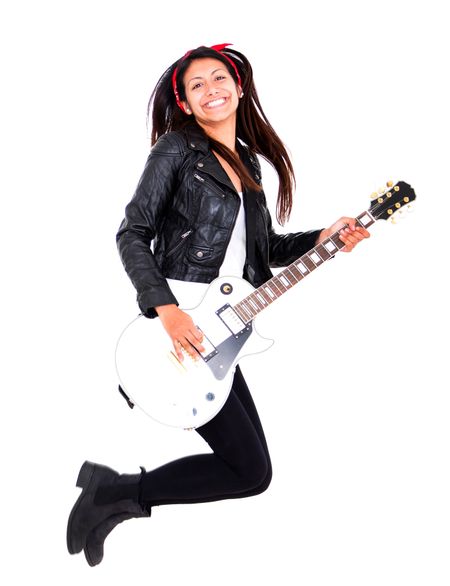 Female guitar player jumping - isolated over a white background