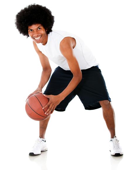 Man playing basketball - isolated over a white background