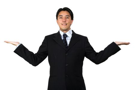 business man with palms up, good for comparing products or to represent balance in business