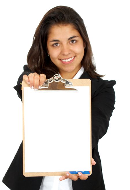 business woman showing a notepad - isolated over a white background