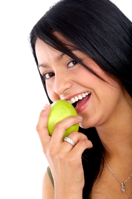 casual woman with an apple over a white background