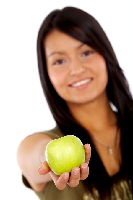 casual woman with an apple over a white background