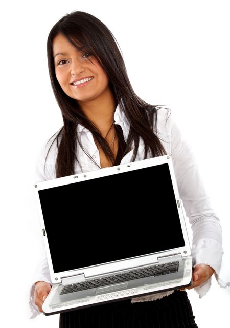 business woman displaying a laptop - isolated over a white background