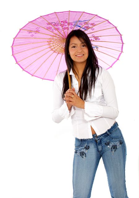 beautiful woman smiling and holding a pink umbrella isolated over a white background