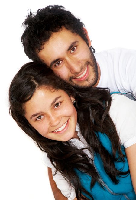casual couple of young adults smiling isolated over a white background
