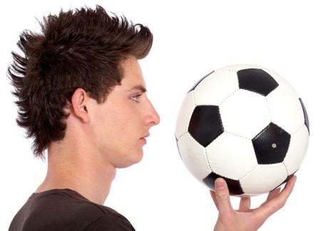 man with a football isolated over a white background