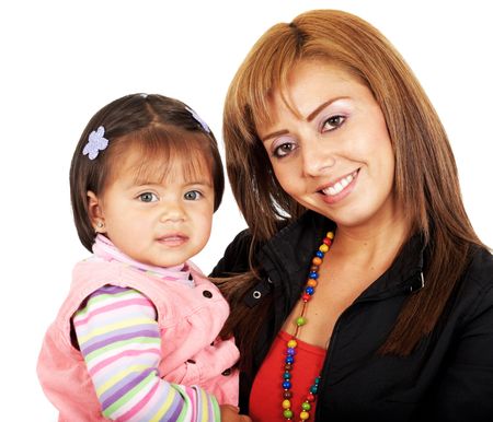 happy mother and daughter smiling isolated over a white background