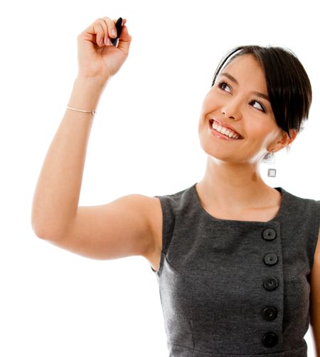 Business woman holding a pen - isolated over a white background