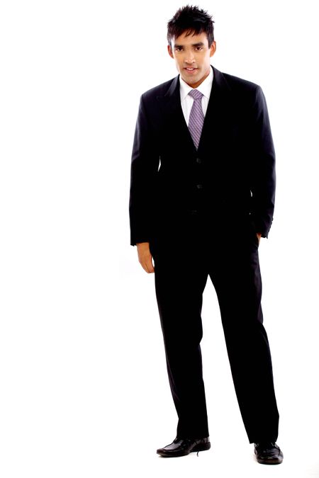 confident european business man standing isolated over a white background
