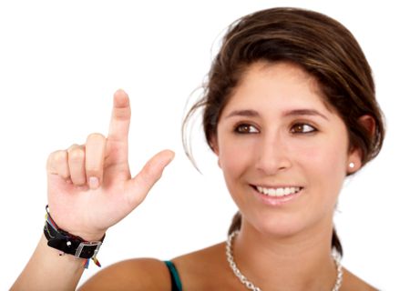business woman touching the screen with her finger isolated over a white background