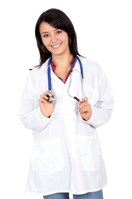 friendly woman doctor smiling isolated over a white background