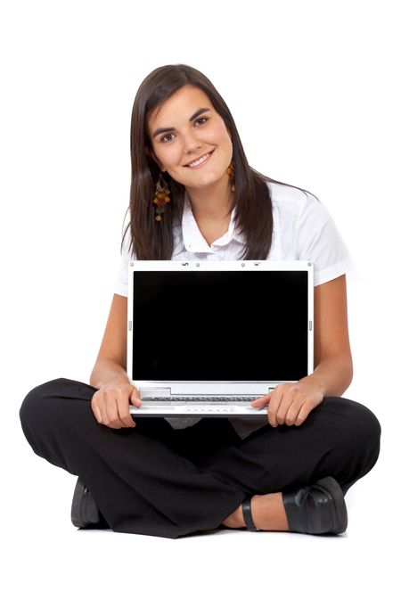 business woman displaying a laptop - isolated over a white background