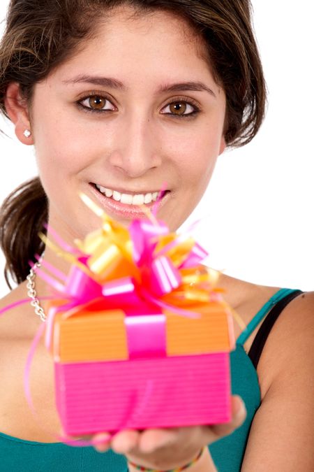 girl holding a present or gift box - isolated over a white background