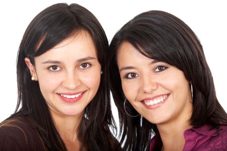happy female friends smiling isolated over a white background
