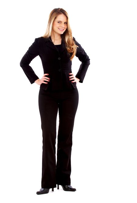business woman smiling and standing up isolated over a white background