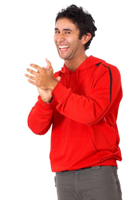 Casual man clapping isolated over a white background
