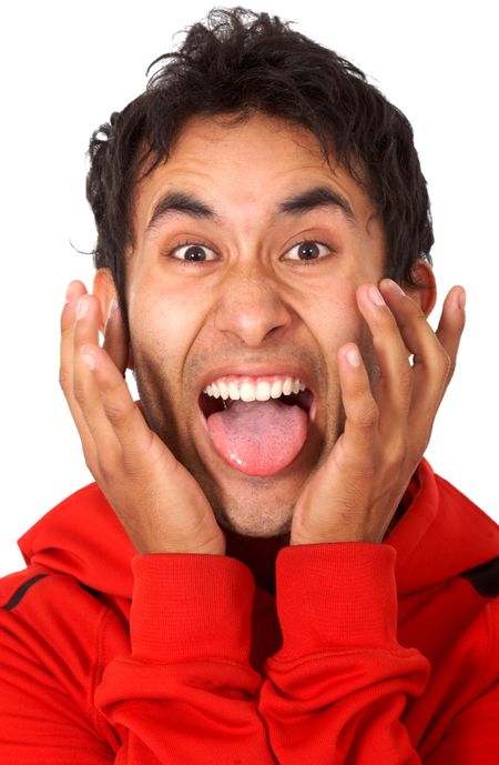 crazy man portrait pulling a funny face isolated over a white background