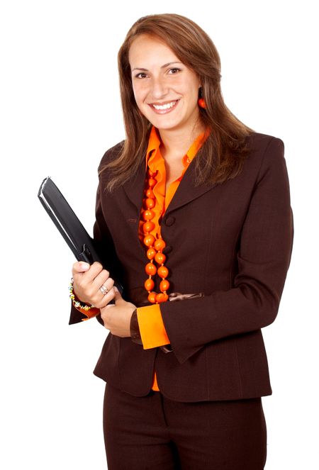 business woman smiling holding a folder isolated over a white background