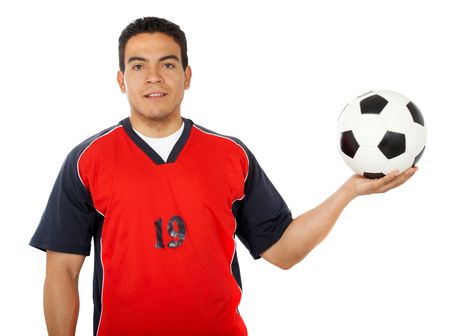 male footballer standing up isolated over a white background
