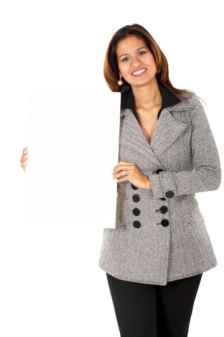 business woman displayinga banner add isolated over a white background